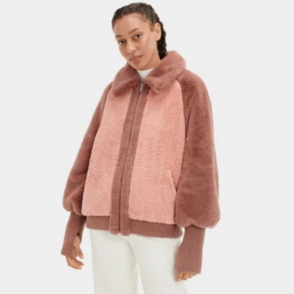 UGG Australia Augusta Faux Fur and Faux Shearling Baseball Jacket, M (Like New)